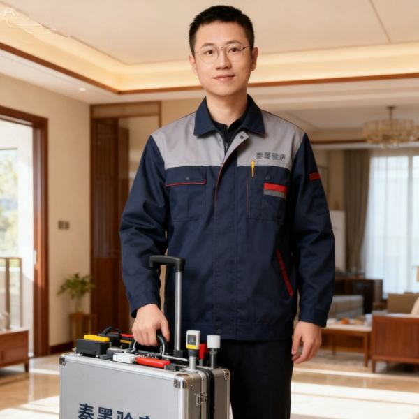 工程总监张伟在安装现场用水平仪校准隔断框架
